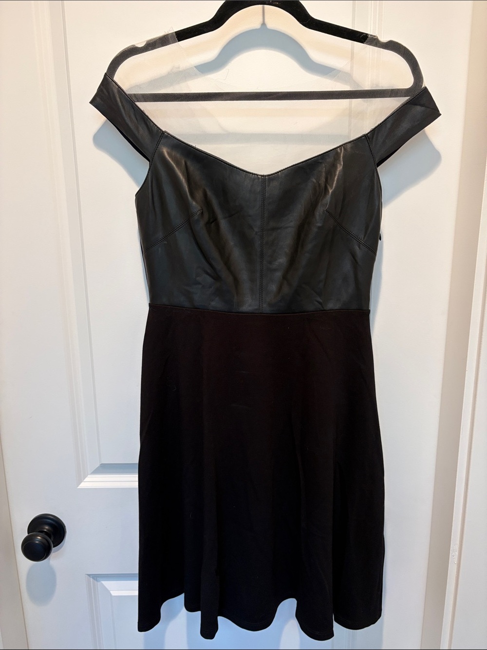 Bailey 44 Black faux off shoulder mesh neck Leather & Knit Fit-and-Flare Dress
